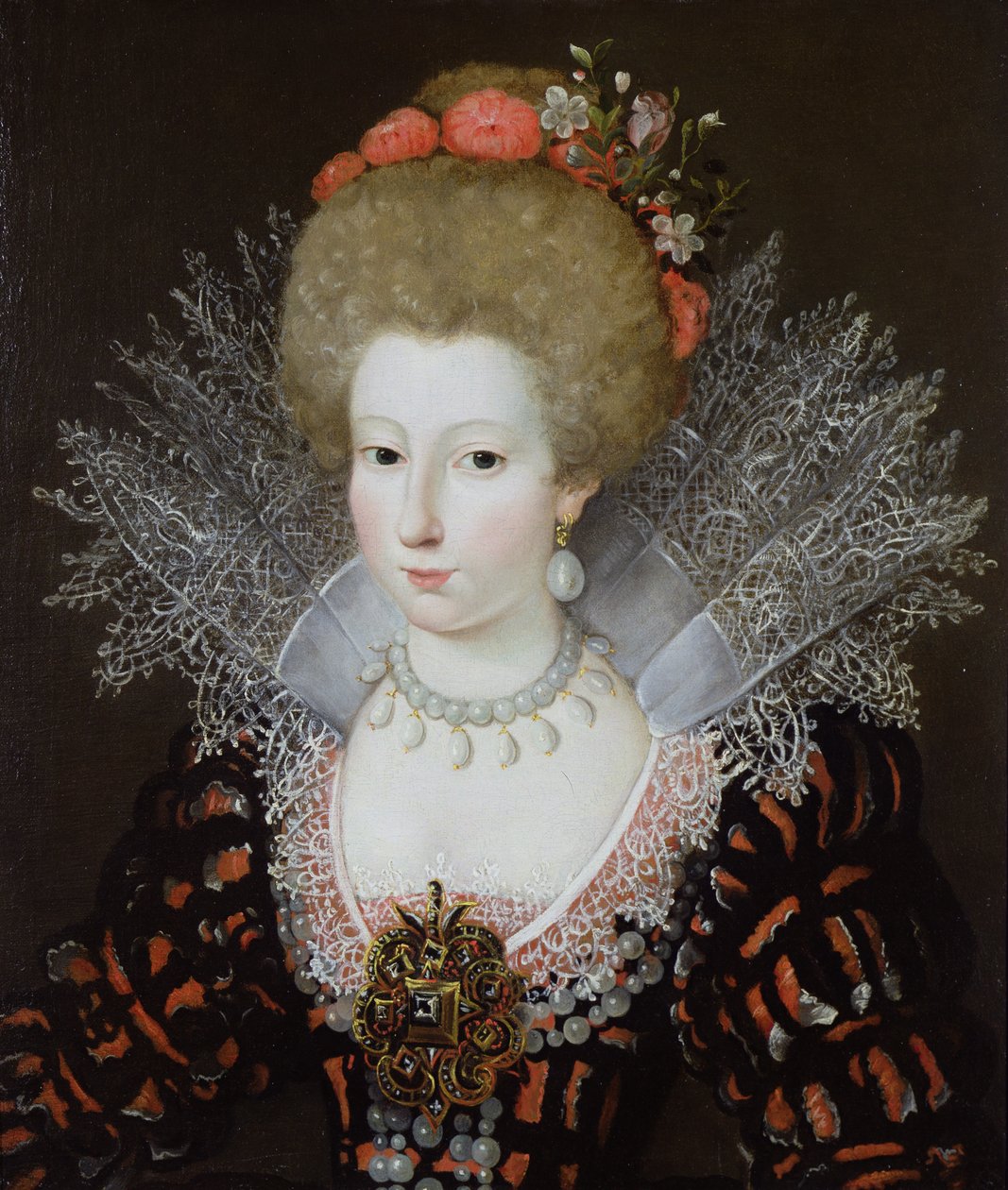 Retrato de uma senhora em uma gola de renda alta e fantasia de seda de jóias, início do século XVII de Marguerite Bunel
