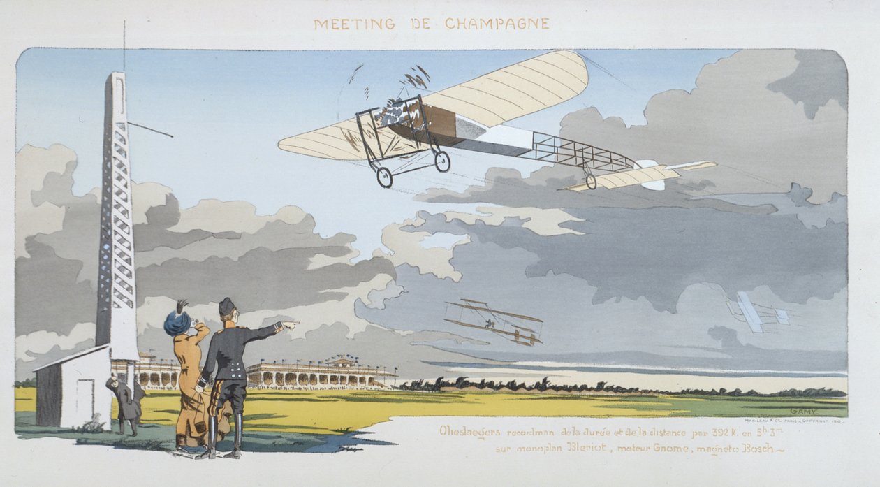 Encontro de Aviação em Champagne, publicado pela Mabileau, Paris, 1910 (stencil print) de Marguerite Montaut