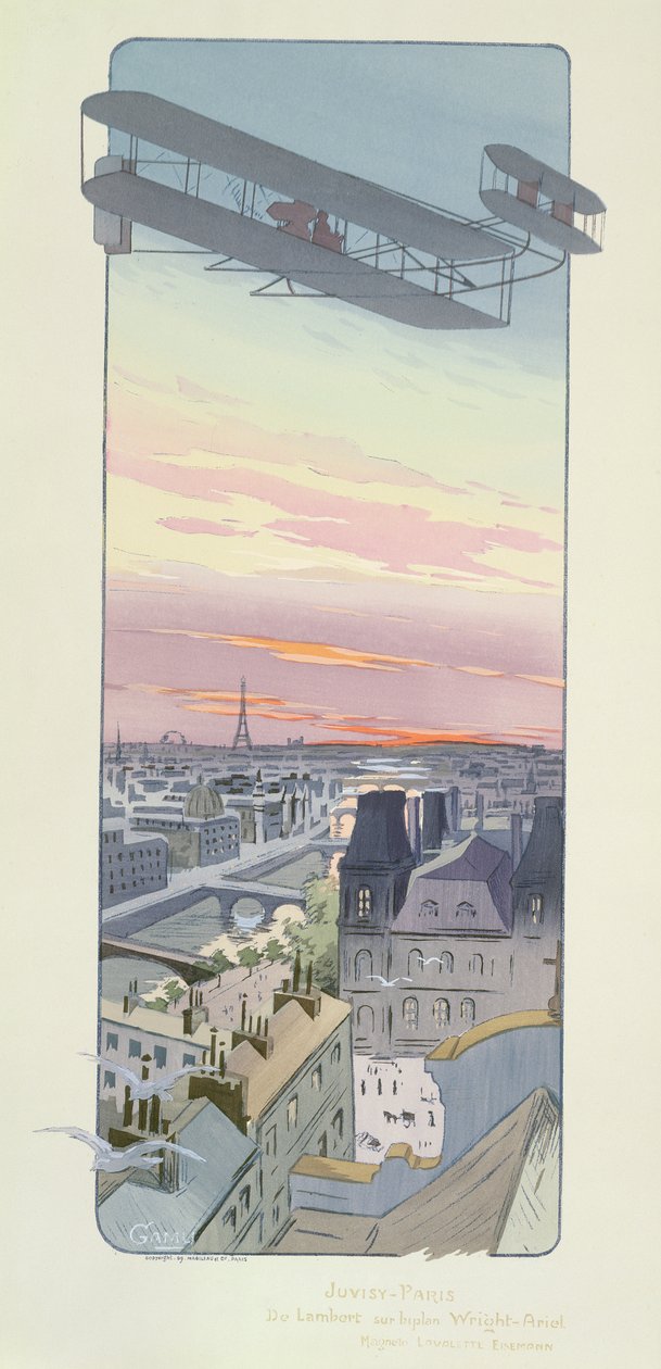 Conde Charles Lambert voando para Ariel-Ariel Biplane, em Juvisy, Paris, publicado pela Mabileau, Paris, 1914 (impressão estêncil) de Marguerite Montaut