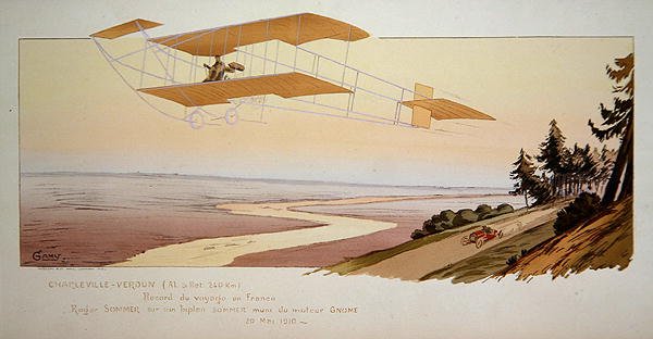 Roger Sommer (1877-1965) voando uma distância recorde em seu Sommer Biplane de Charleville a Verdun, maio de 1910, publicado por Mabileau, Paris de Marguerite (fl.1909 14) Montaut