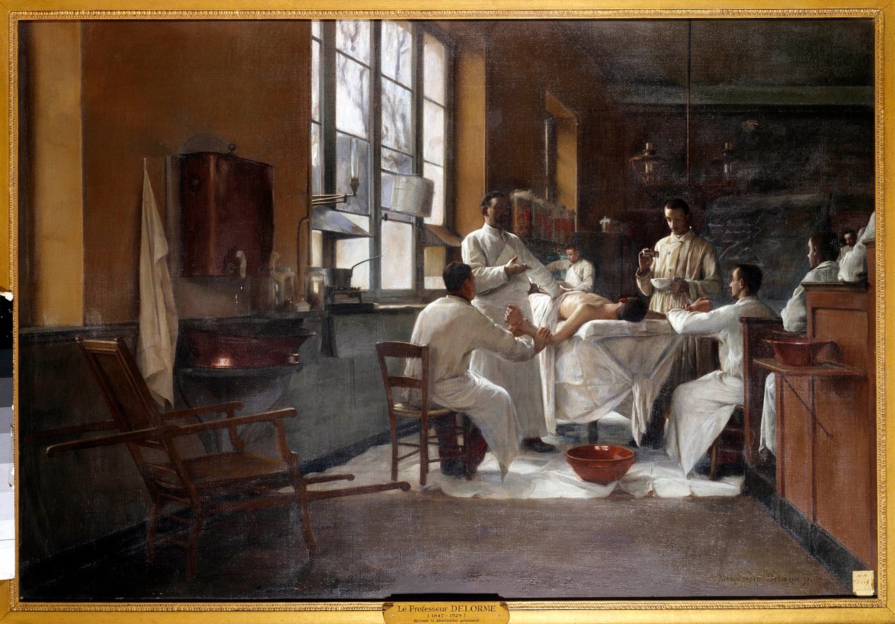 Professor Edmond Delorme (1847-1929) descrevendo a decorticação pulmonar aos médicos estagiários da Pintura Val de Grace de Marguerite Delorme (1876-1946). 1894. Paris, musee du Val de Grace - Professor Edmond Delorme (1847-1929) demonstrando a decorticção de Marguerite Anne Rose Delorme