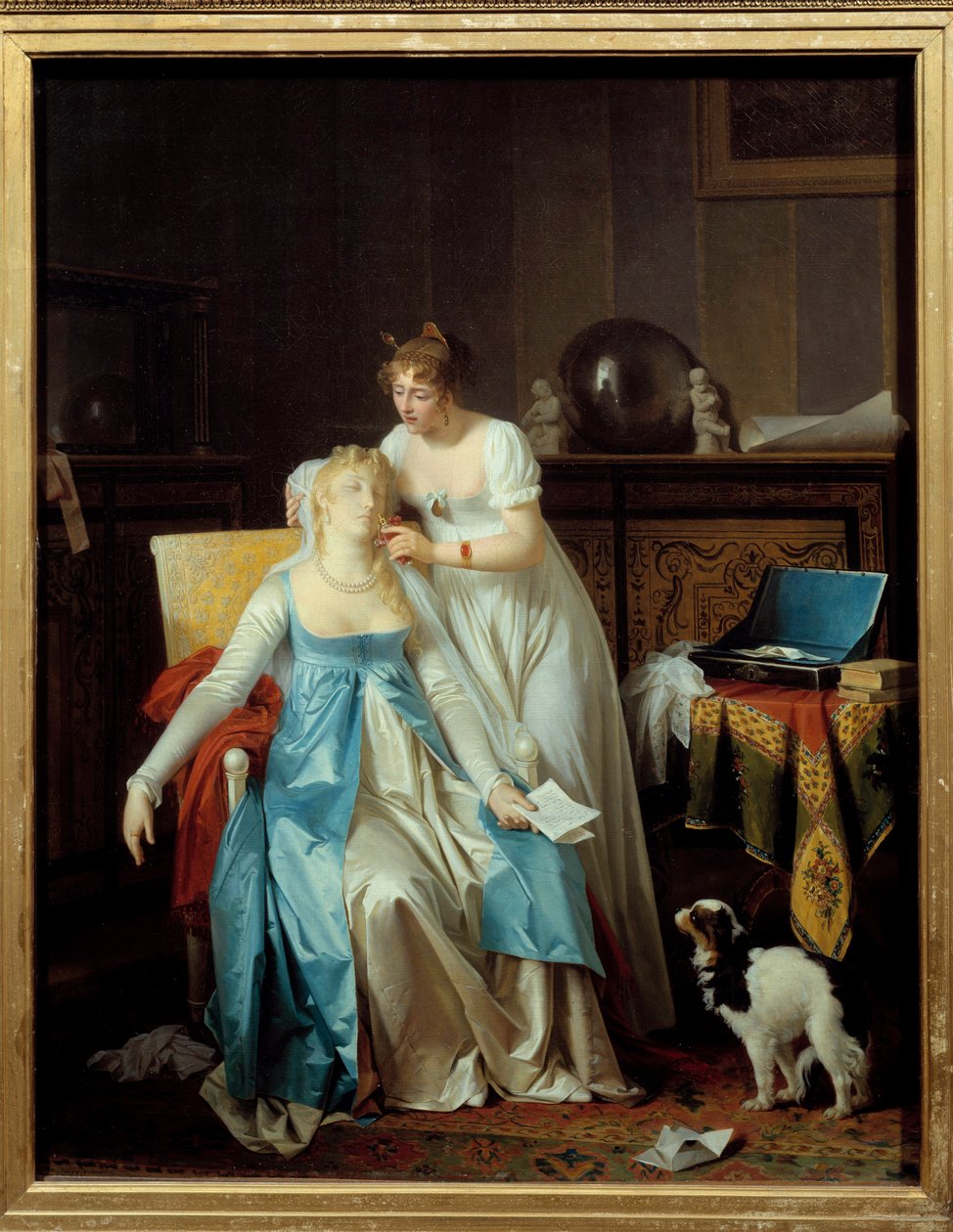 Más Notícias Uma garota vestida de moda Premier Empire desmaia quando lê uma carta anunciando o infortúnio. Pintura de Marguerite Gerard (1761-1837) 1804 Sol. 0,63x0,5 m de Marguerite Gerard