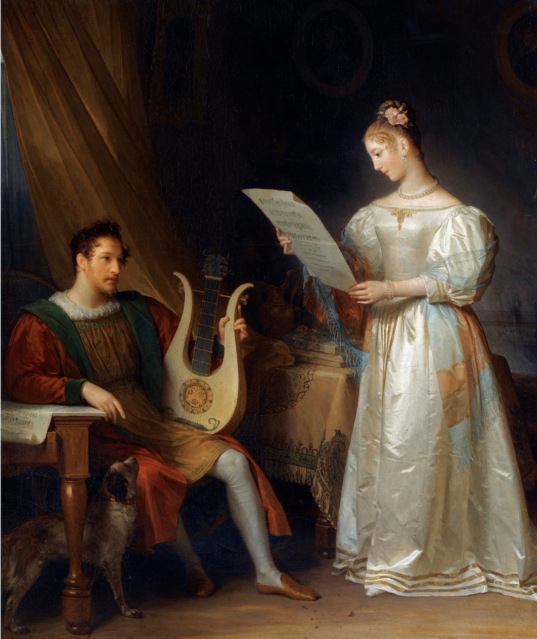 "Un homme tenant une lyre et une femme tenant une partition dans un interieur" (Interior com um Homem segurando uma Lira e uma Mulher com uma Partitura) Peinture de Marguerite Gerard (1761-1837), - Óleo sobre tela Dim 64,5x55 cm Colecção Privada de Marguerite Gerard