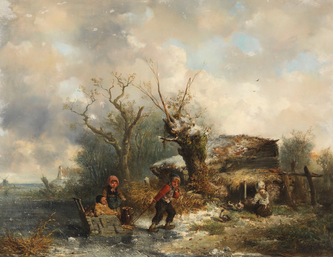 Paisagem de inverno com crianças brincando de Mari ten Kate