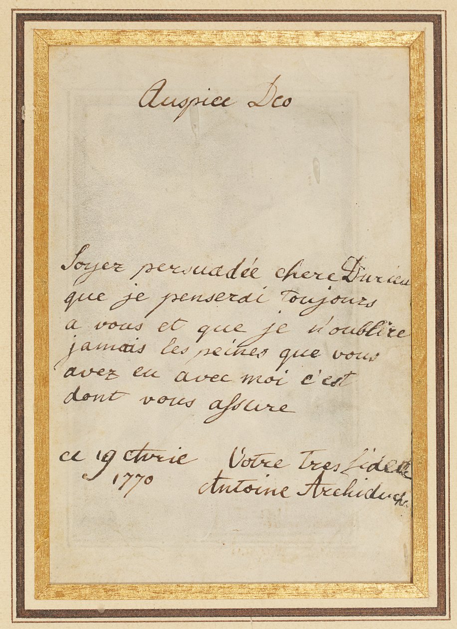 Carta autografada para Thérèse ou Barbe Durieux, datada de 19 de abril de 1770 de Maria Antonia Josepha Johanna von Habsburg Lothringen