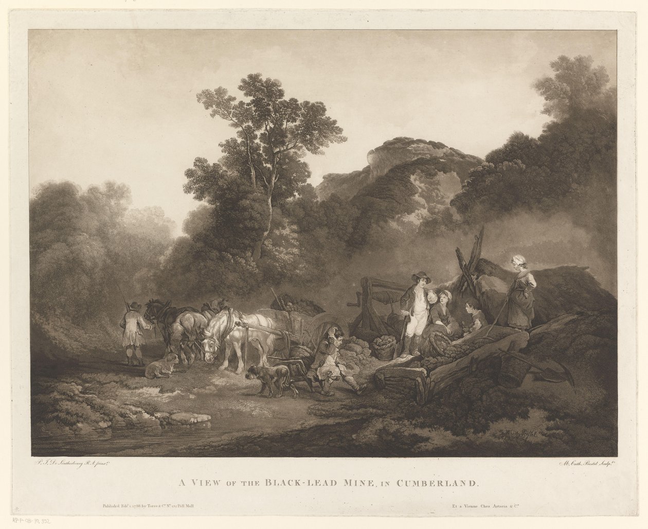 Trabalhadores descansando na mina de carvão Cumberland A View of the Black-Lead Mine, em Cumberland (título no objeto) de Maria Catharina Prestel