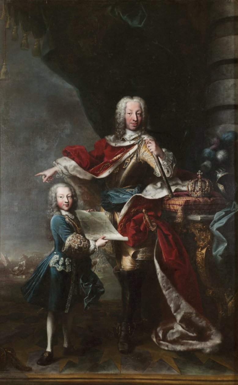 "Victor Amadeus III em criança mostra ao seu pai Carlos Emanuel III de Saboia o mapa do Castelo de Milão. retrato de Carlos Emanuel III e Victor Amadeus III de Saboia". de Maria Giovanna Clementi