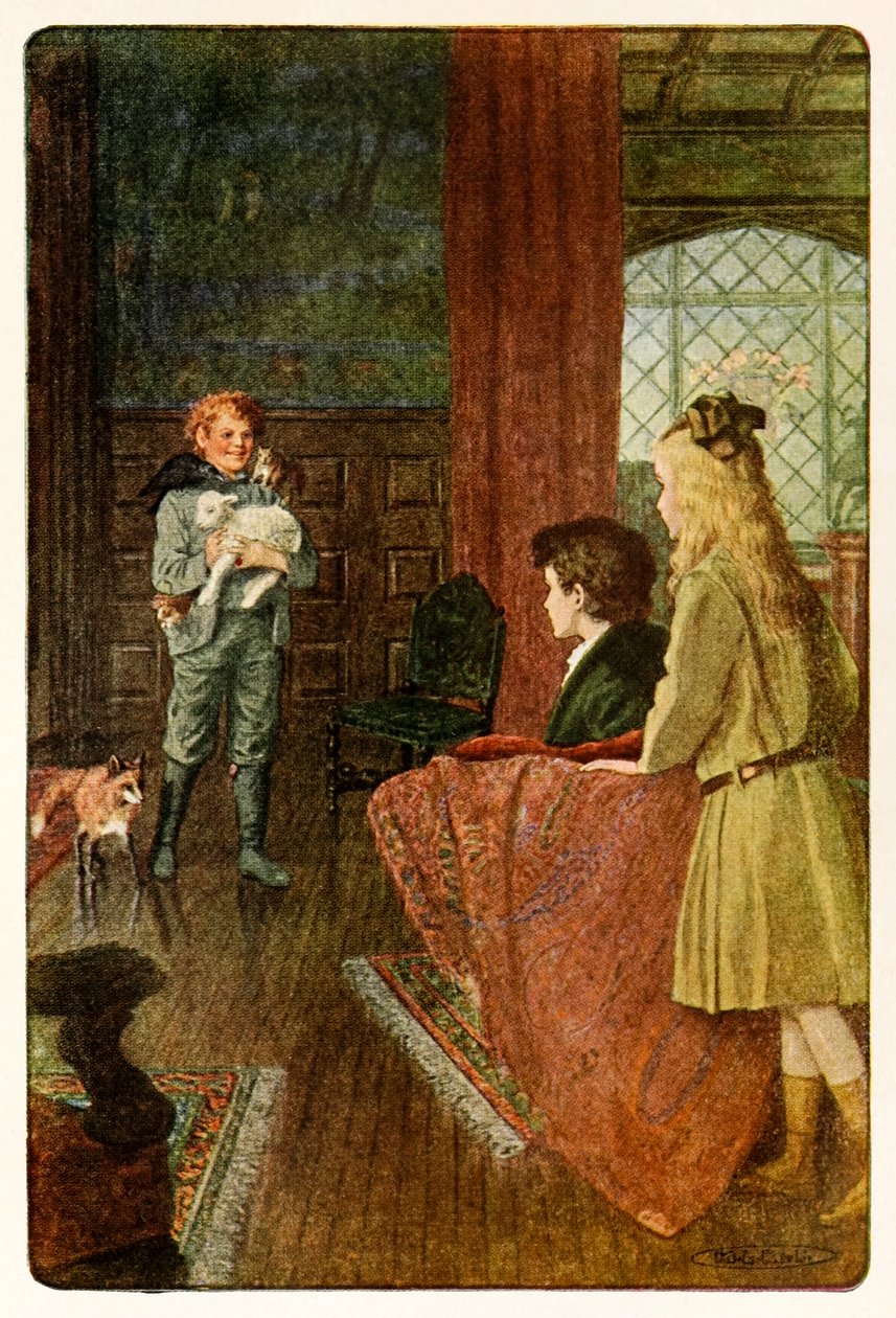 "Dickon entrou sorrindo o seu sorriso largo mais bonito" de The Secret Garden de Frances Hodgson Burnett (1849-1924) de Maria Louise Kirk