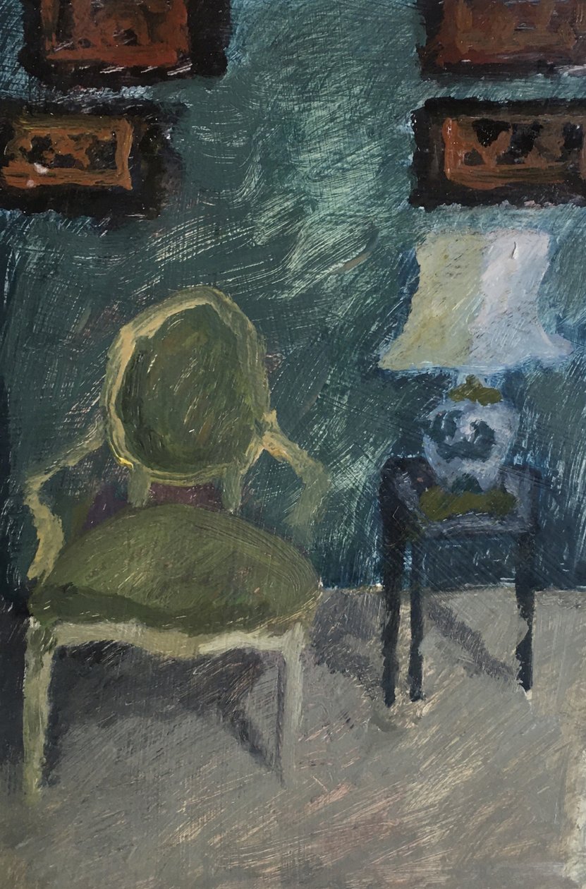 Interior com poltrona e candeeiro, 2019 (óleo sobre papel) de Maria Magenta
