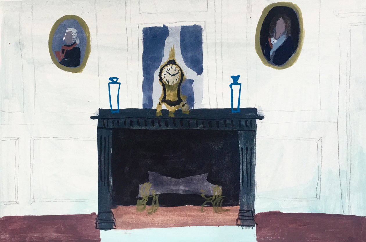 Interior com Relógio, 2018 (aguarela e têmpera sobre papel) de Maria Magenta