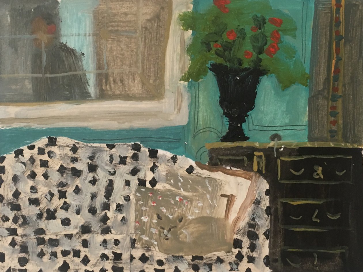 Interior com Сat, 2019 (óleo sobre papel) de Maria Magenta