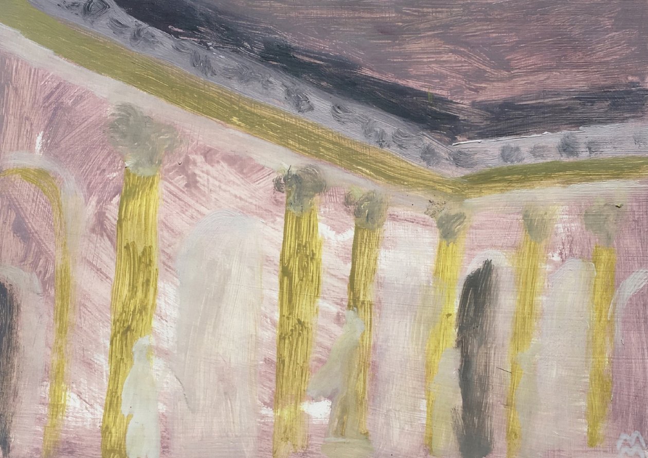 Rose Viennese Interior with Columns, 2019 (óleo sobre papel) de Maria Magenta