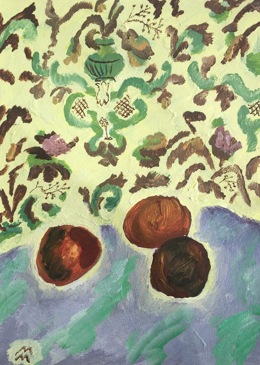 Natureza morta com três pêssegos, 2021 (acrílico e aguarela sobre papel) de Maria Magenta