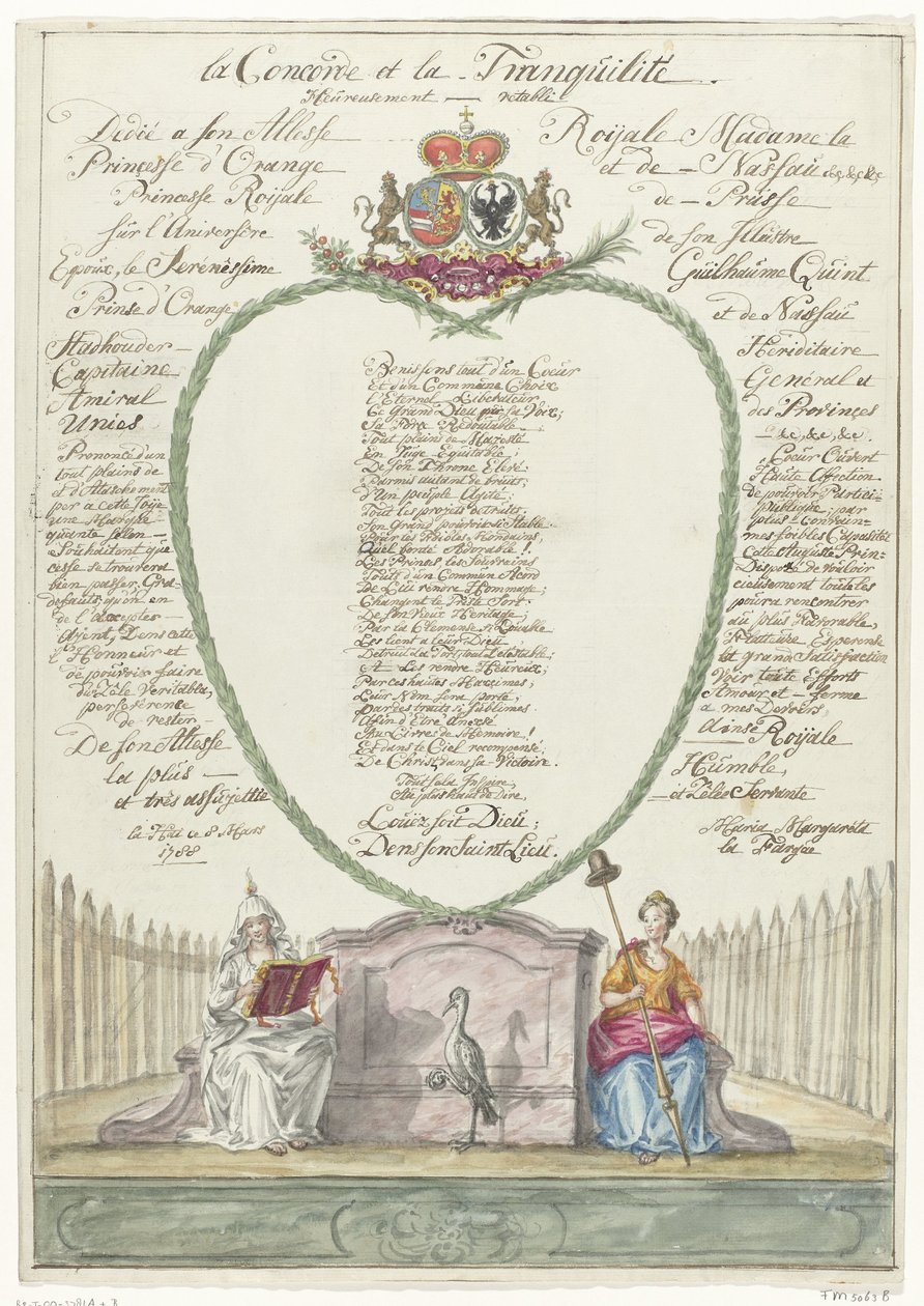 Verso para a princesa Wilhelmina no quadragésimo aniversário do príncipe William V, 1788 la Concorde et la Tranquilité (título no objeto) de Maria Margaretha la Fargue