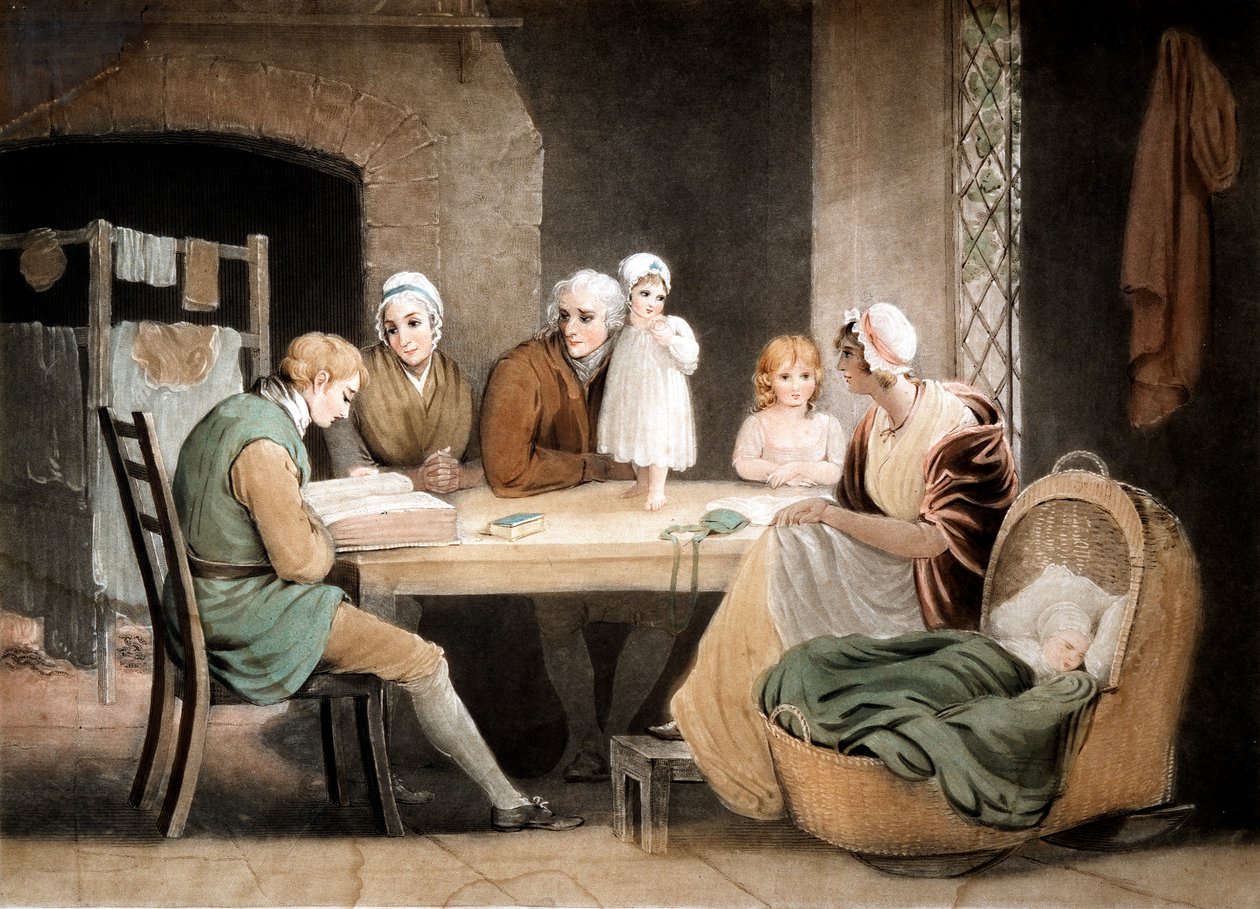 Três gerações ouvindo uma leitura da Bíblia da família, c1800 de Maria Spilsbury