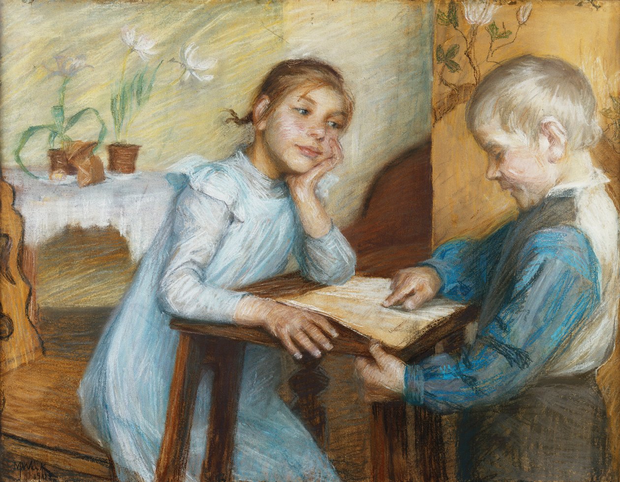 Um interior com um menino lendo para uma menina, 1912 de Maria Wiik