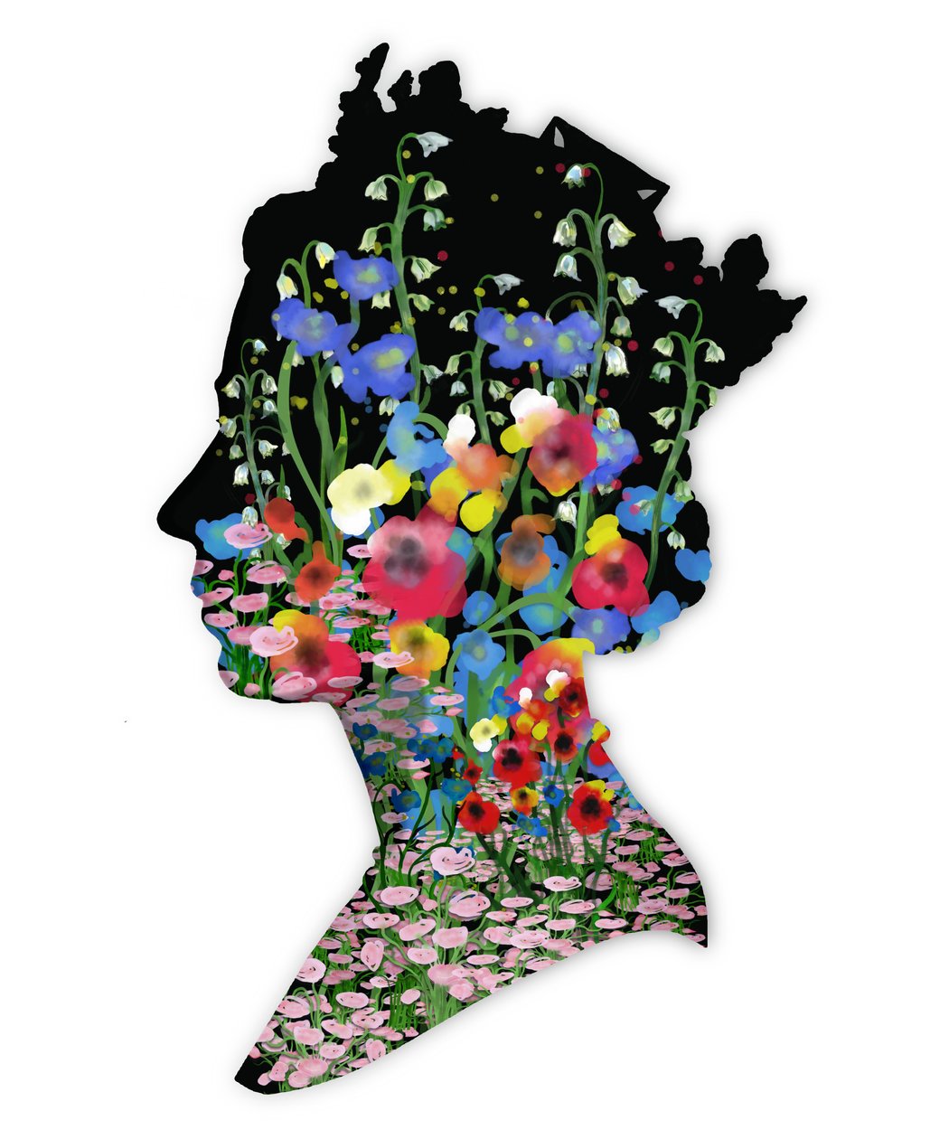 Sua Majestade a Rainha Isabel II, Homenagem floral, 2022 (aguarela, digital) de Marianna Kulukundis