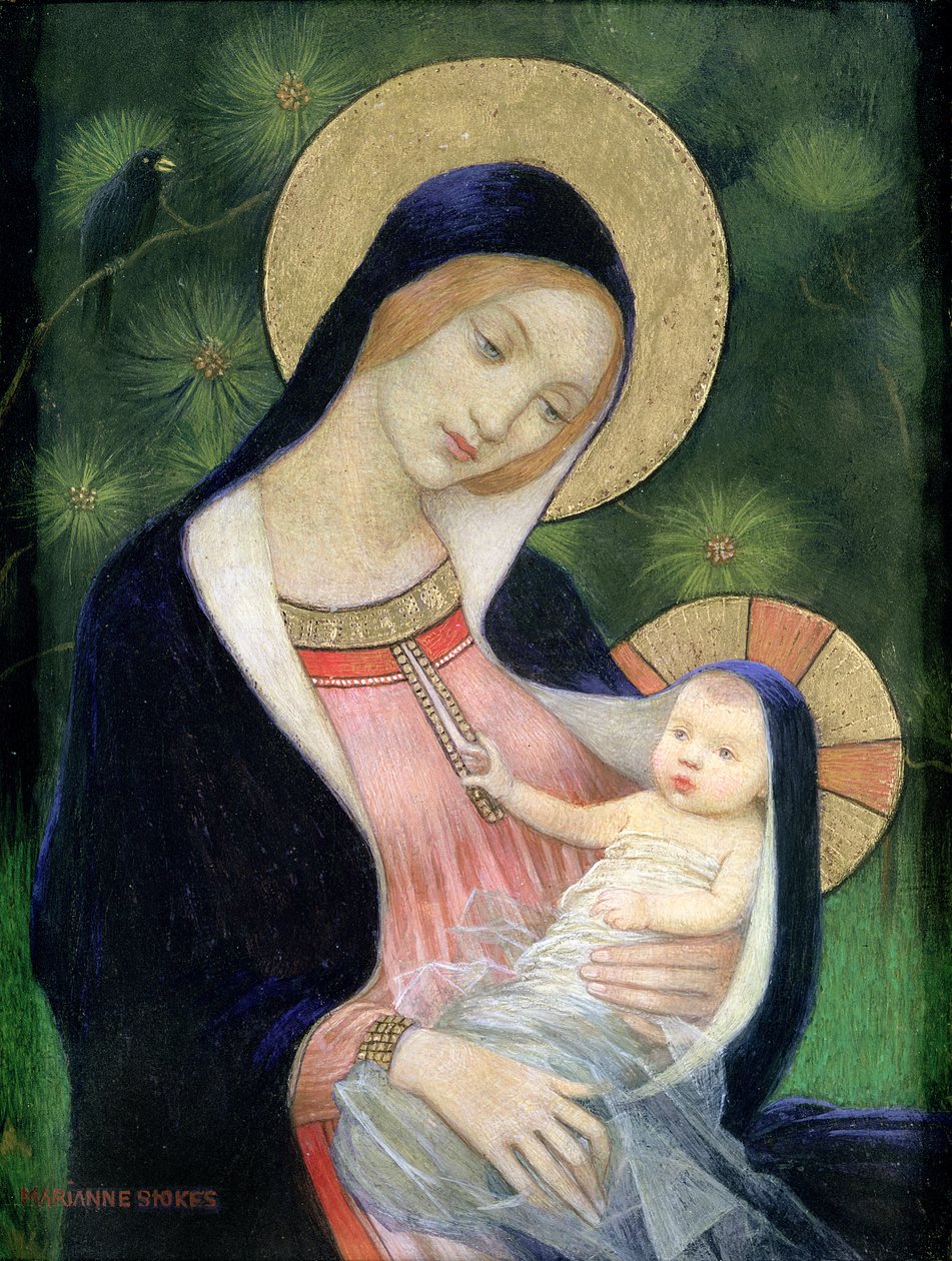 Madonna da Fir Tree, 1925 (tempera e dourada no gesso a bordo) de Marianne Stokes