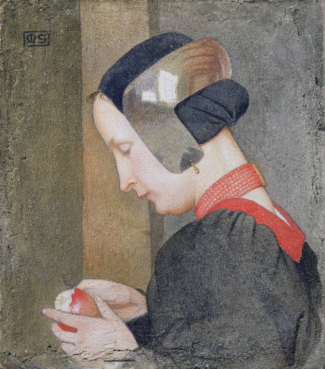 Retrato de uma Senhora Descascando uma Maçã (tempera no painel gessoed) de Marianne Stokes