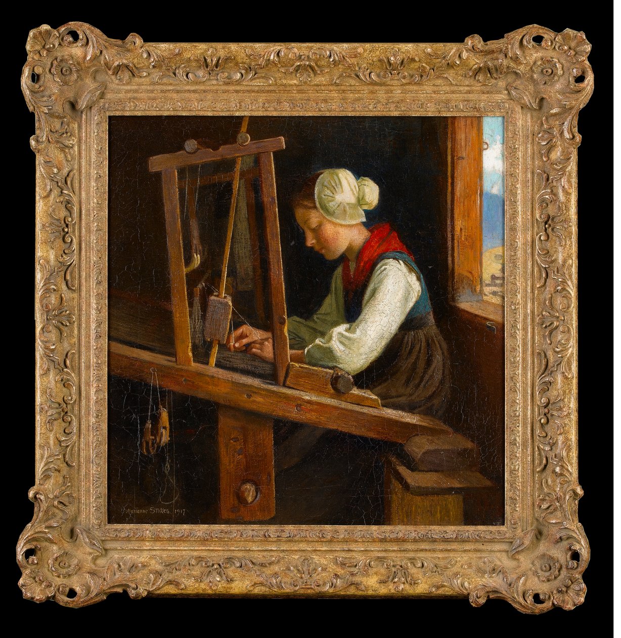 A tecelão: Um tear de cabana nos Alpes austríacos, 1917 de Marianne Stokes