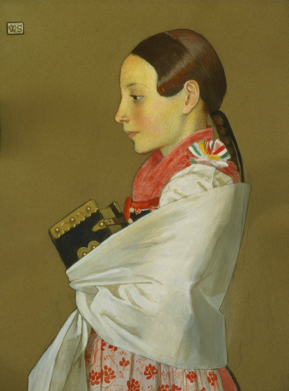 Menina jovem, de, Menguszfalva, ir, para, igreja, c.1905-07, (charcoal, e, guache, ligado, paper) de Marianne Stokes