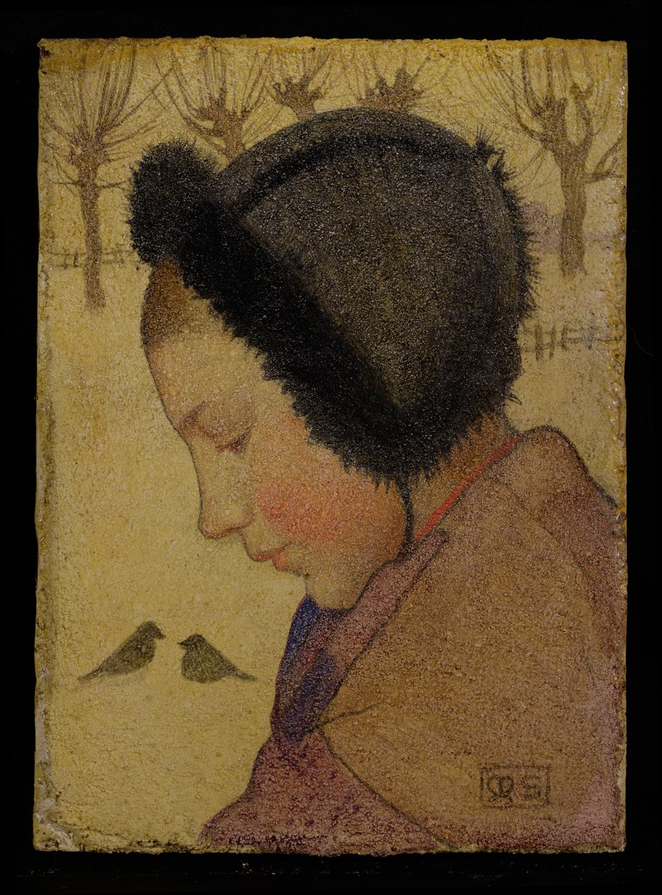 Cabeça de uma jovem em um chapéu de pele (óleo e gesso a bordo) de Marianne Stokes