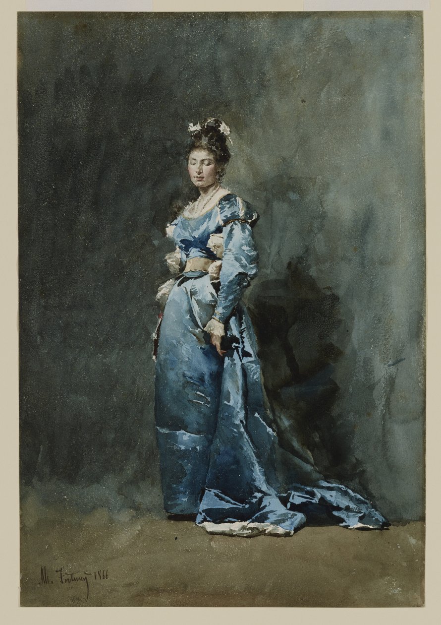 Uma jovem mulher em um vestido azul, 1866 (wc e guache branco sobre papel) de Mariano José María Bernardo Fortuny y Carbó