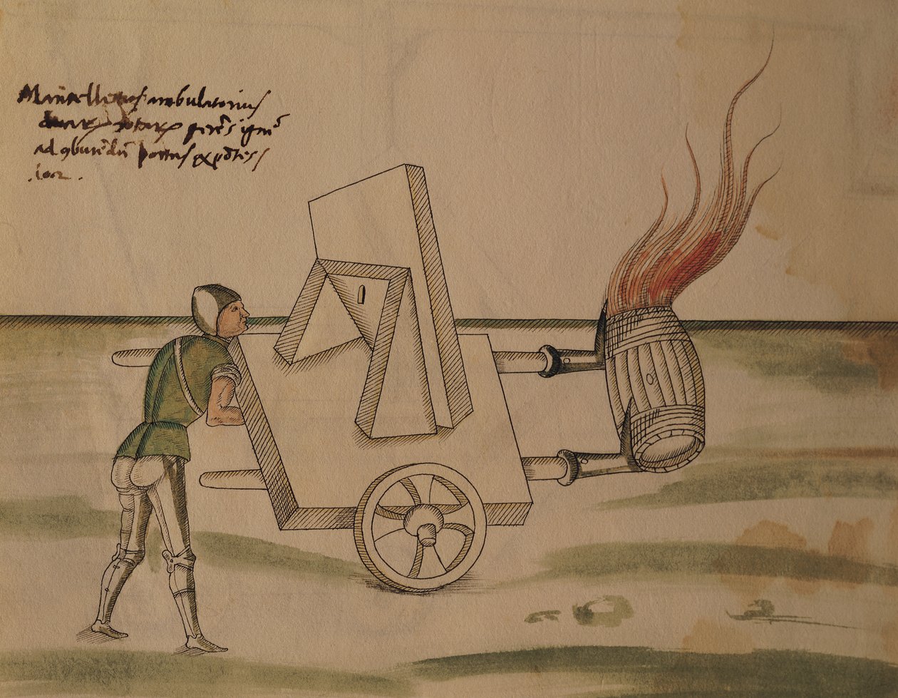 Uma máquina de guerra, ilustração de &39;De Machinis&39; (caneta e tinta e wc no papel) de Mariano di Jacopo