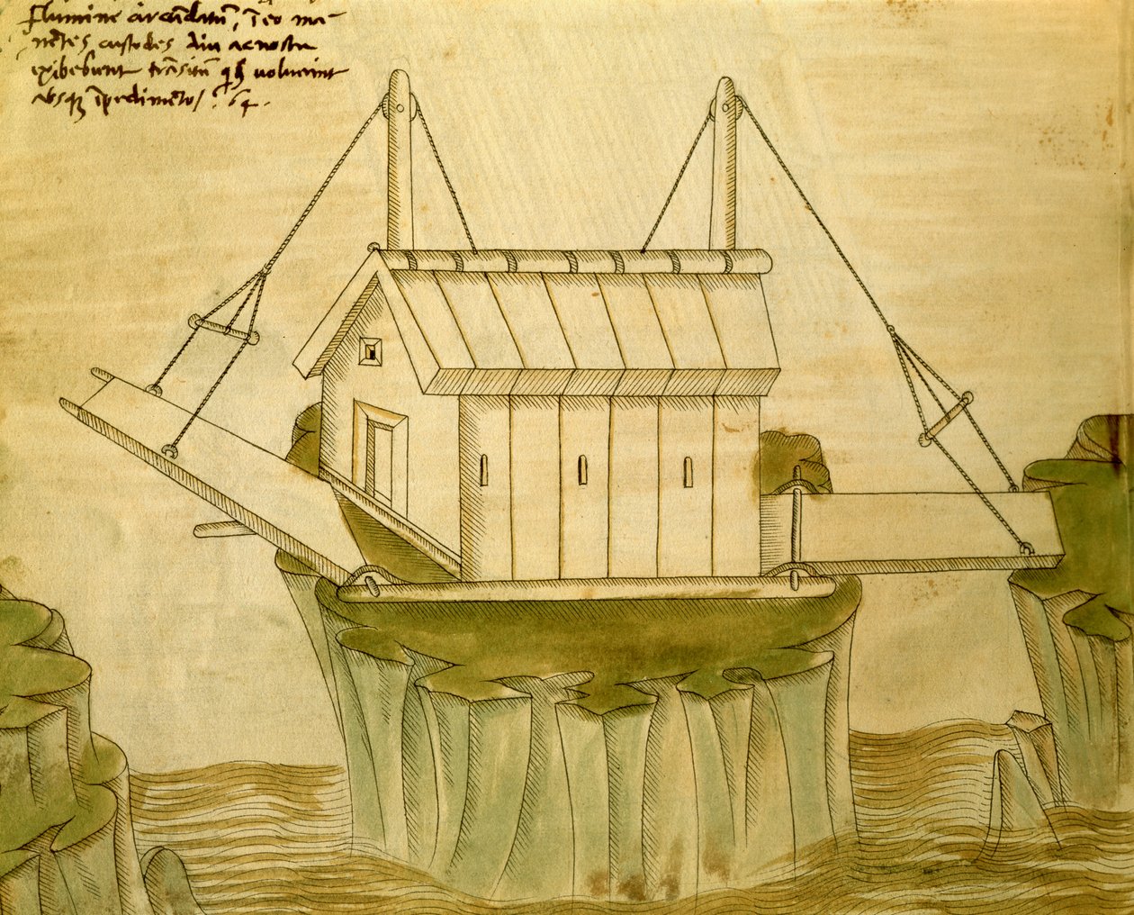 Projeto para uma fortaleza com duas pontes levadiças, ilustração de &39;De Machinis&39; (caneta e tinta e wc no papel) de Mariano di Jacopo