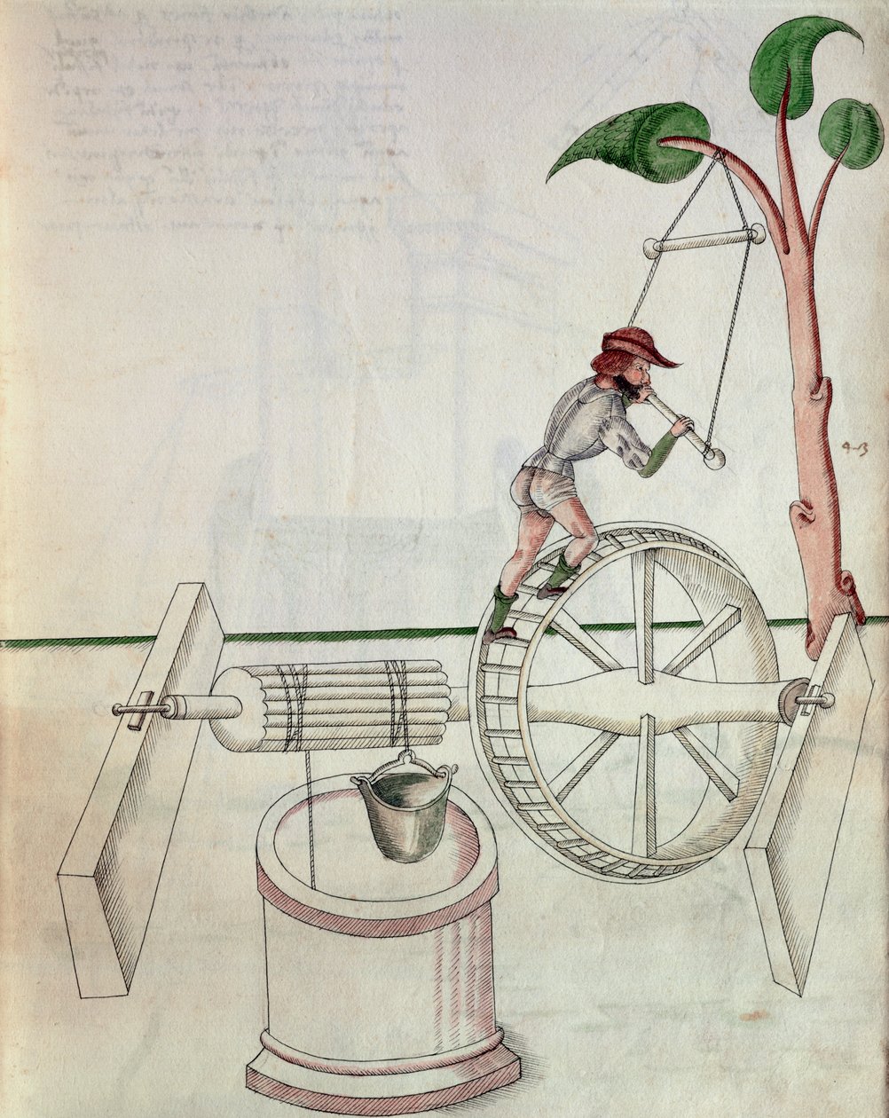 Homem colocando em movimento um poço de roda, ilustração de &39;De Machinis&39; (caneta e tinta e wc no papel) de Mariano di Jacopo
