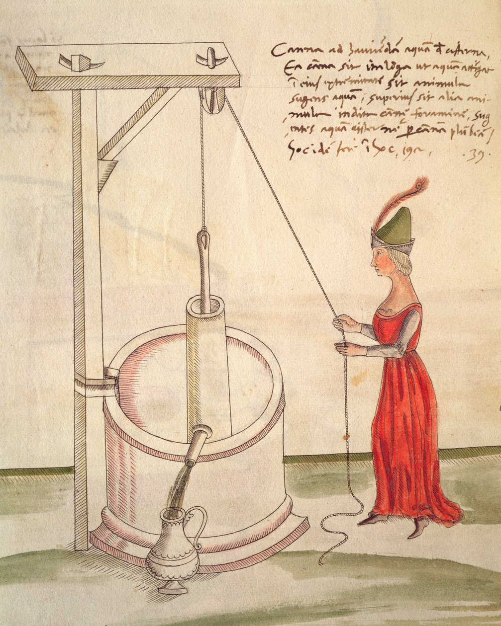 Mulher desenho água de um poço, ilustração de &39;De Machinis&39; (caneta e tinta e wc no papel) de Mariano di Jacopo