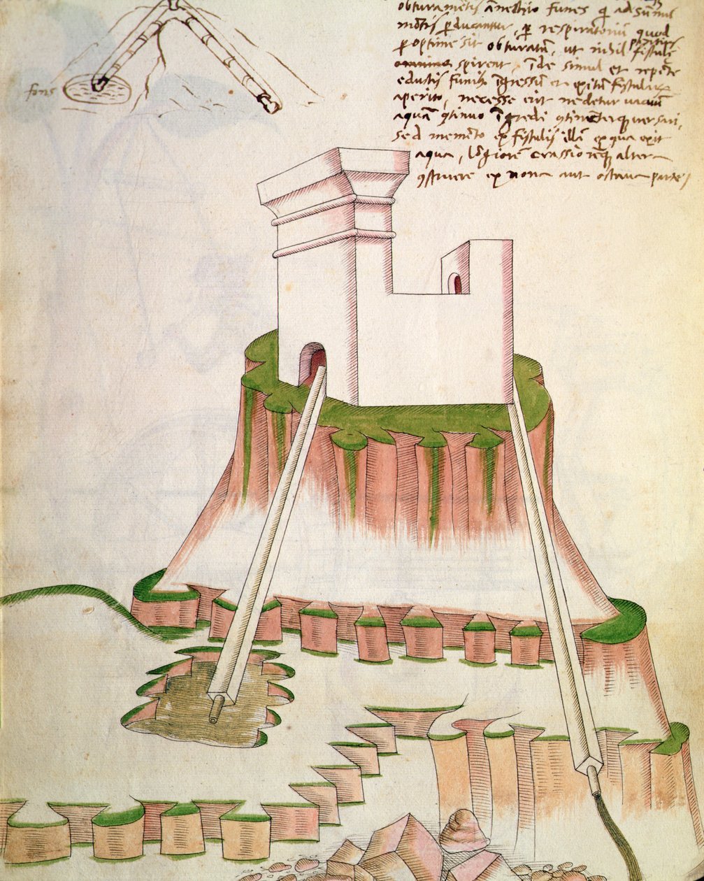 Projeto para fornecimento de água para um edifício por meio de tubos de água de poços, ilustração de De Machinis (caneta e tinta e wc no papel) de Mariano di Jacopo 1382 c.1453 after Mariano di Jacopo 1382 c.1453 after