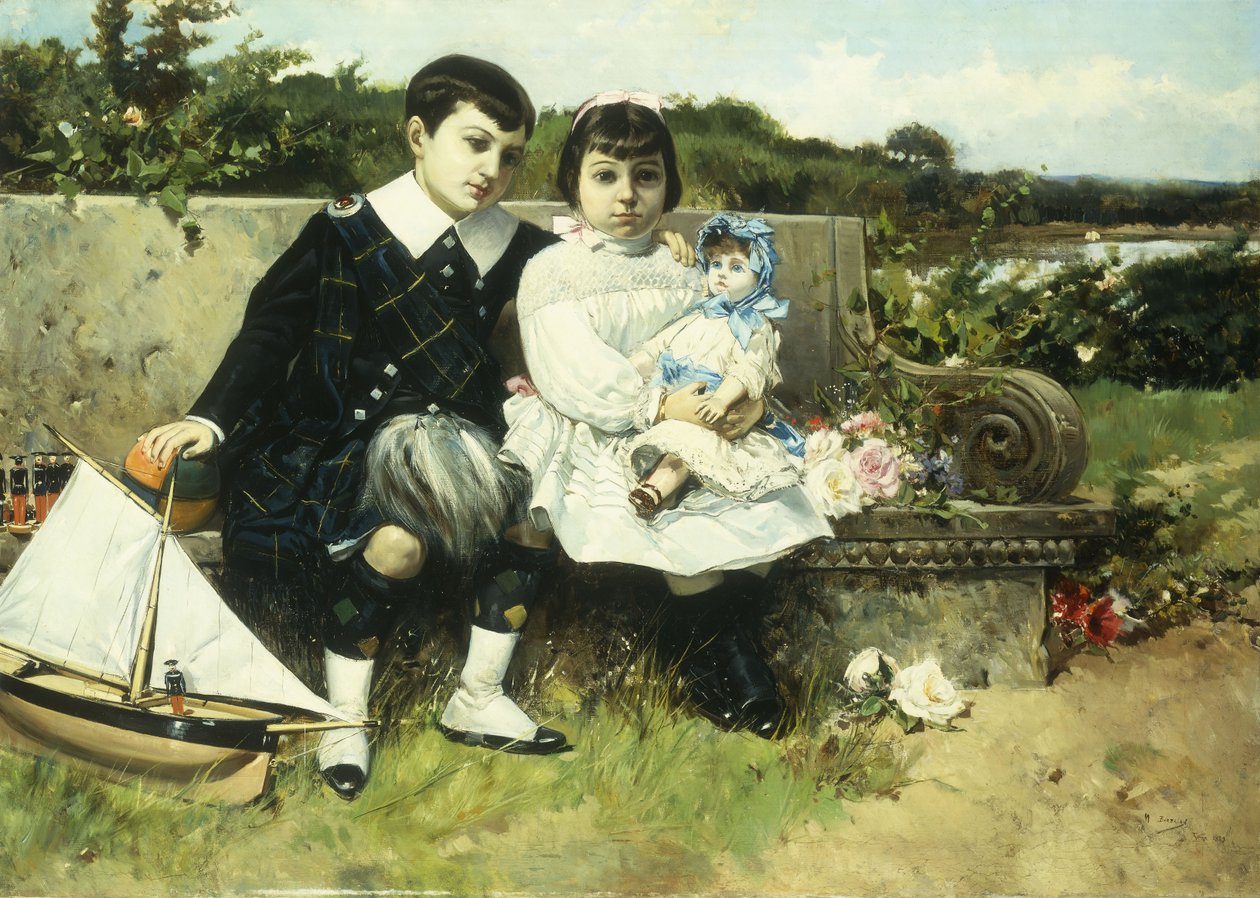 Duas crianças sentadas em um banco do parque, 1882 de Mariano Barbasan Lagueruela
