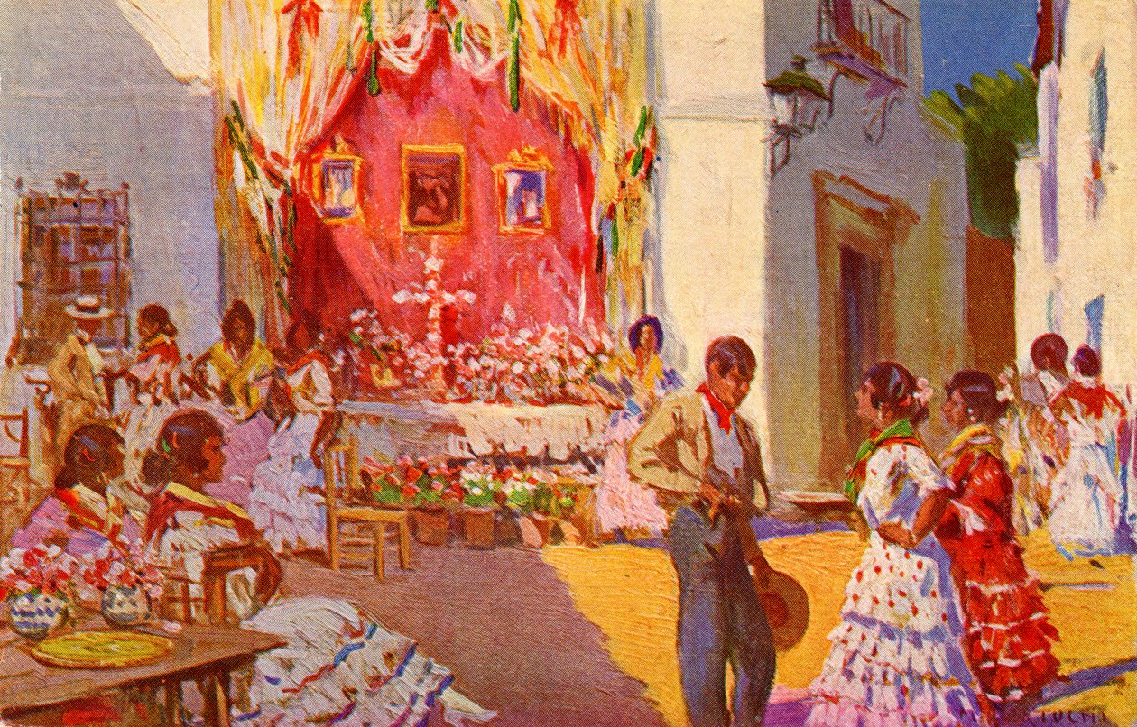 Altar de rua para a festa da Cruz de maio. Sevilha, Espanha (ilustração) de Mariano Bertuchi