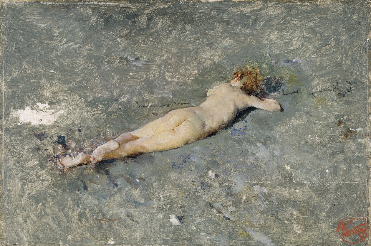 Criança nua deitada na praia de Portici (Nu na praia de Portici) - Pintura de Mariano Fortuny (1838-1874) de Mariano Fortuny y Marsal