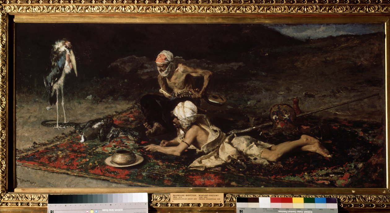 "Hindu Snake Charmers" oferecendo um coelho para comer à serpente. Pintura de Mariano Fortuny y Marsal (1838-1874) de Mariano Fortuny y Marsal