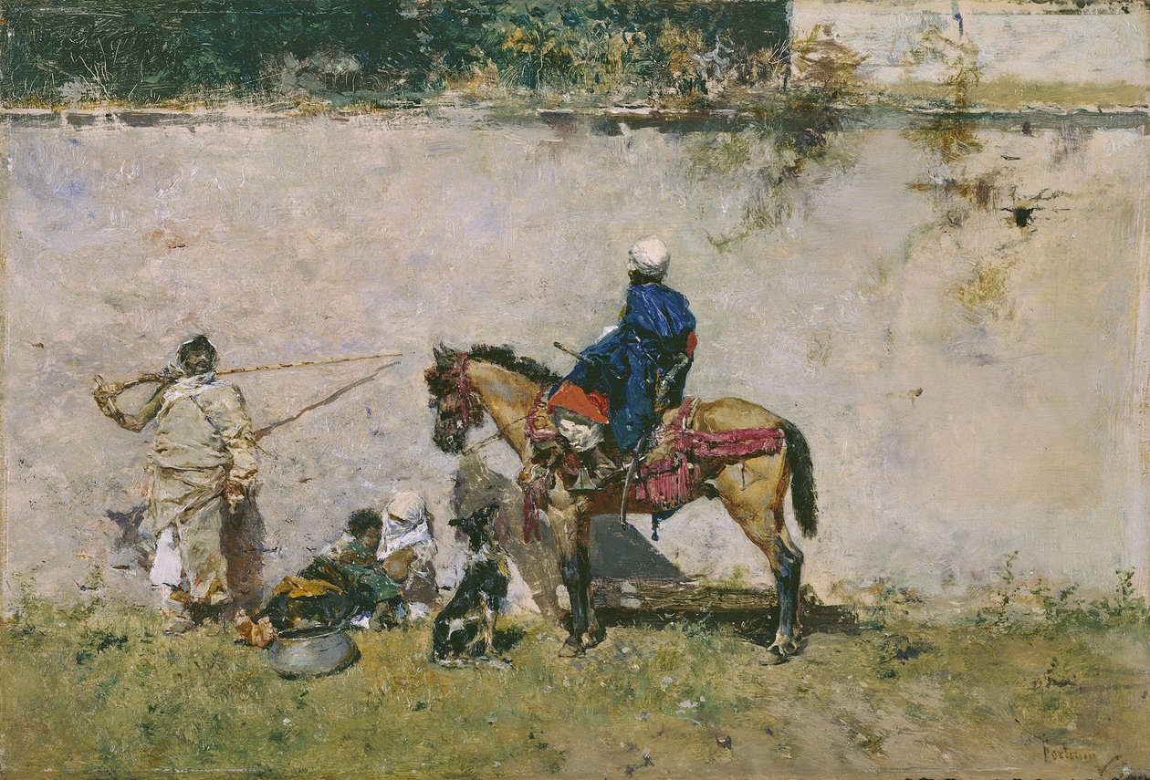 Orientalismo: uma família marroquina à beira da água (Os marroquinos) - Pintura de Mariano Fortuny (1838-1874) de Mariano Fortuny y Marsal