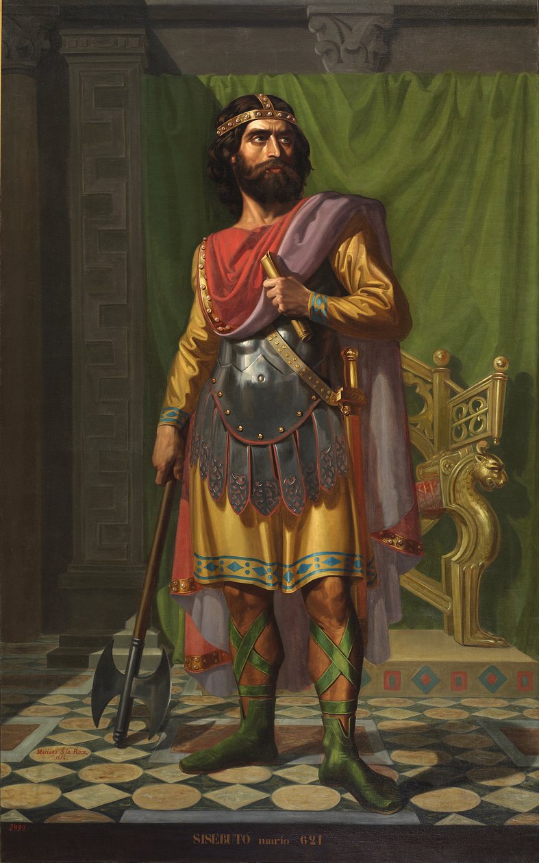 Retrato do Rei Visigótico Sisebuto (Sisebuth, Sisebur, Sisebod ou Sigebut) Pintura de Mariano de la Roca y Delgado (1825-1872) 1854 Palacio de las Cortes, Madrid de Mariano de la Roca y Delgado