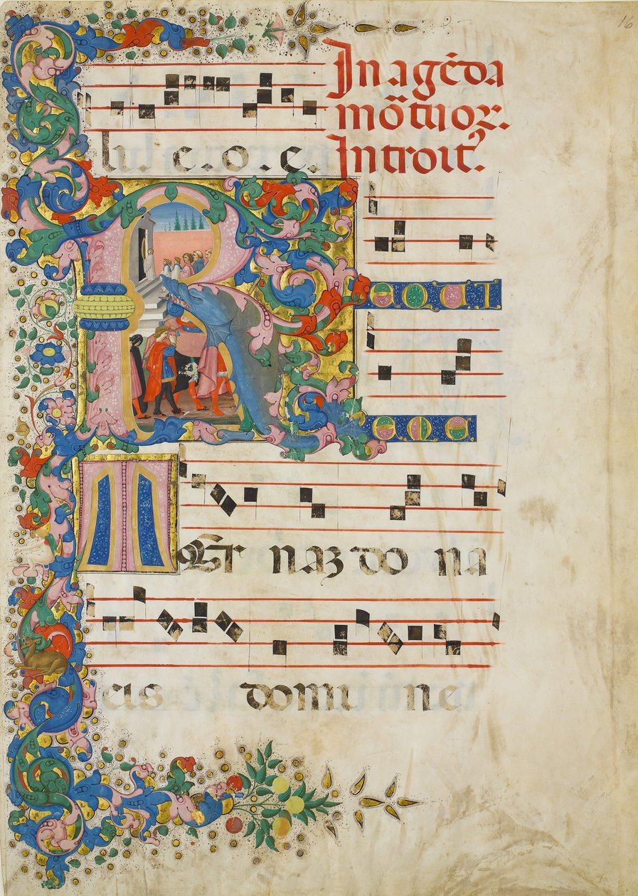 Folha de Manuscrito com Procissão Funerária em R Inicial, a partir de um Gradual, Italiano, segunda metade 15 de Mariano del Buono