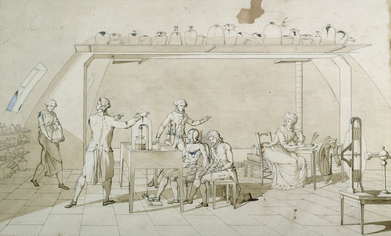 Antoine Lavoisier (1743-94) e seus experimentos em respiração (caneta e tinta e papel sépia) de Marie Anne Pierrette Lavoisier