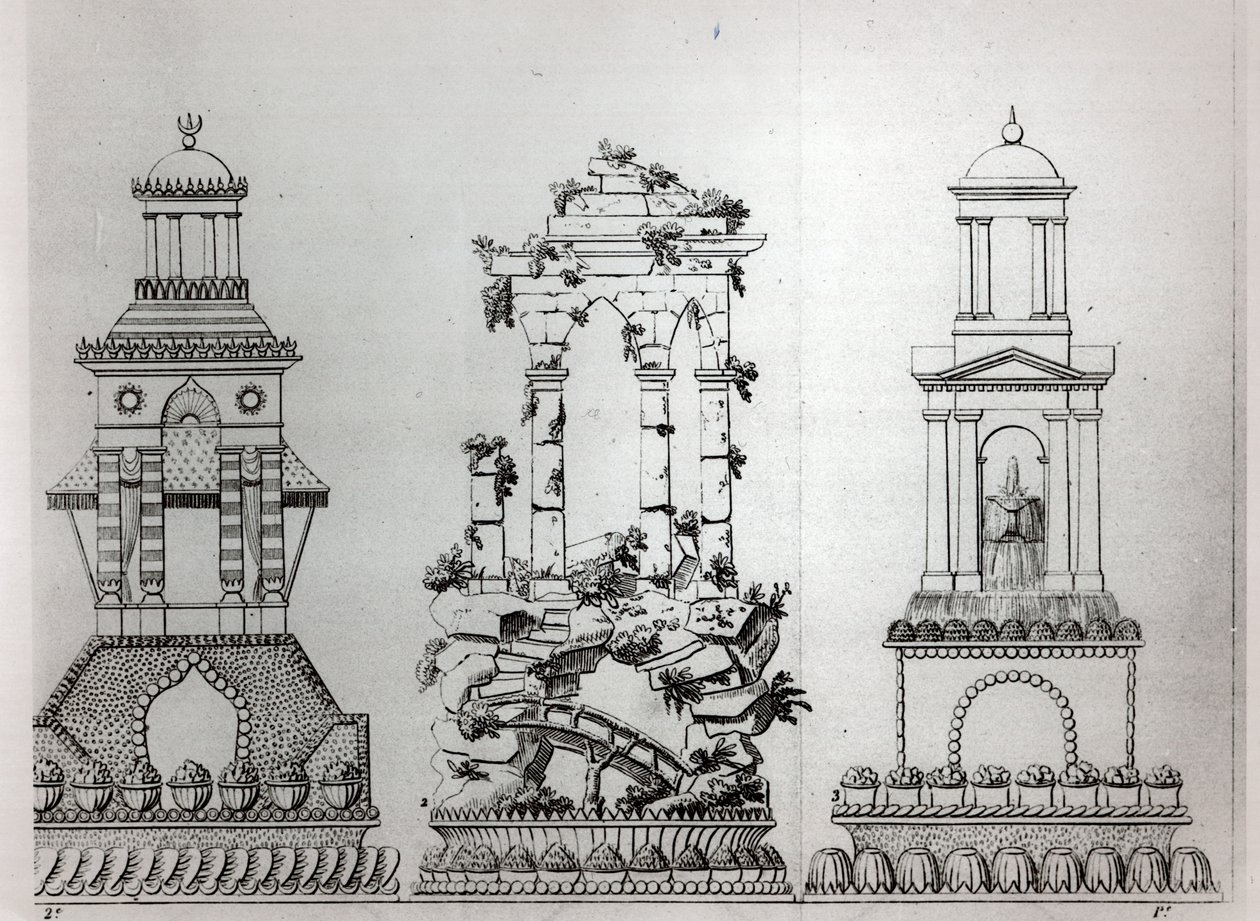 Desenhos para pastelaria de &39;Le Patissier Royal parisien&39; de Careme, plate 28, Leipzig e Paris, publicado em 1854 de Marie Antoine Careme