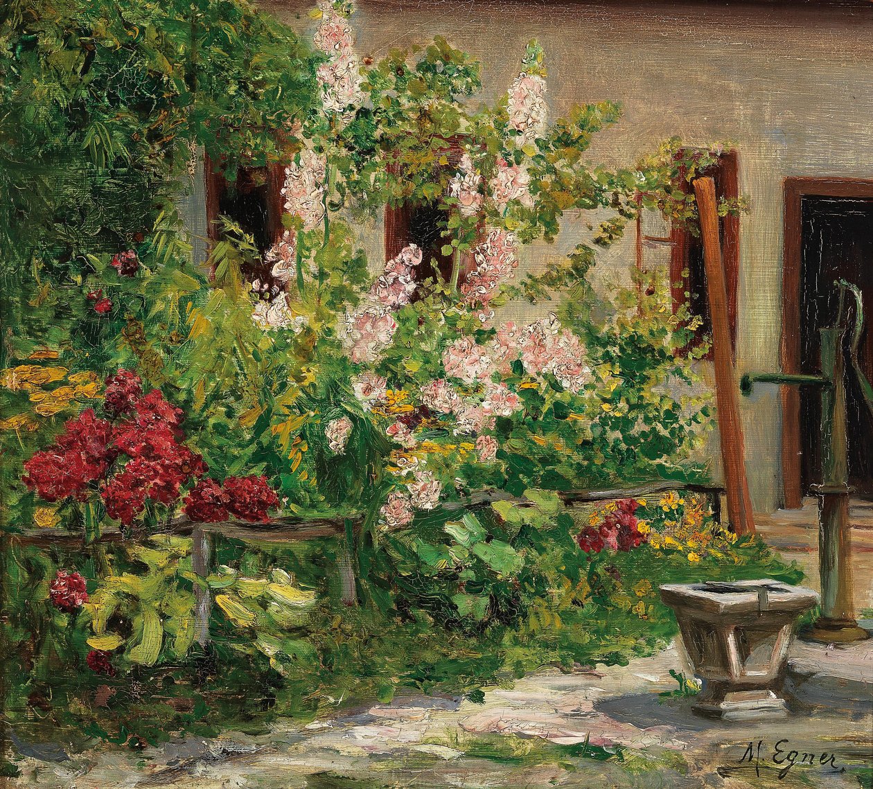 Jardim da frente com árvores de cana-de-florescênciaInglês: Jardim da frente com Hollyhocksn em flor de Marie Egner