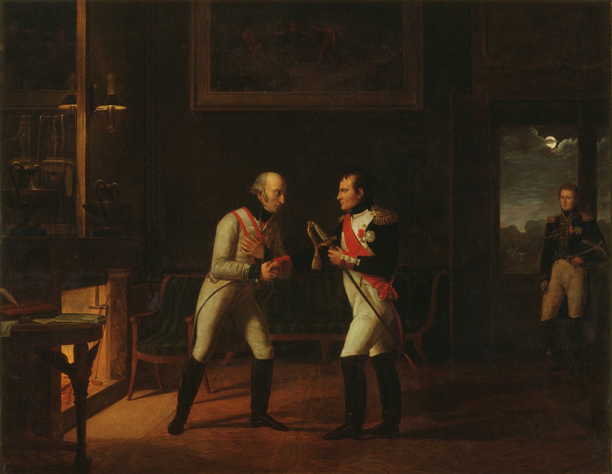 Encontro de Napoleão Bonaparte (1769-1821) e Arquiduque Carlos (1771-1847) da Áustria em Stammersdorf, 17 de dezembro de 1808 de Marie Nicolas Ponce Camus