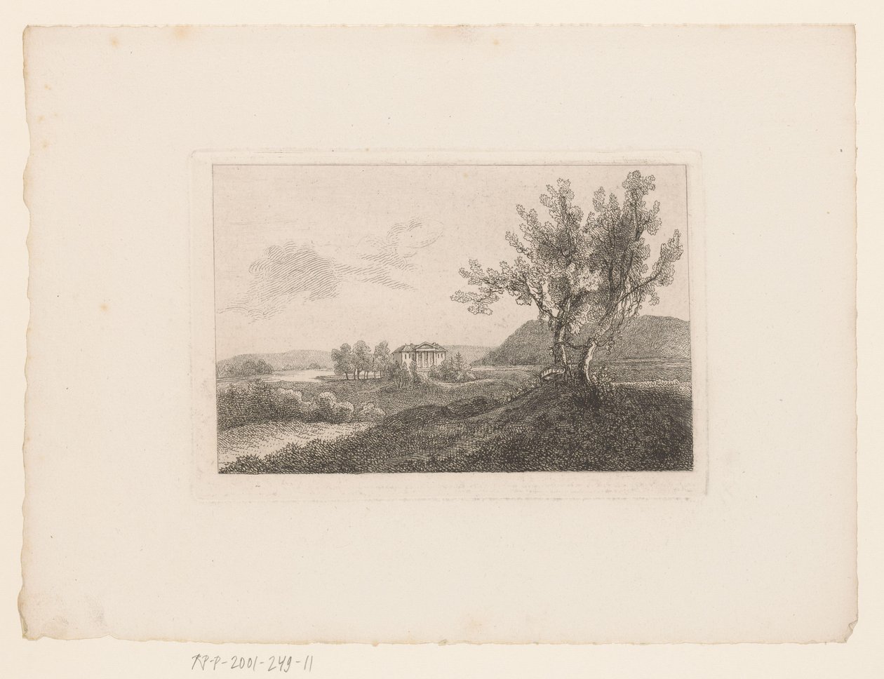 Paisagem com uma villa ao longe e um banco de jardim perto de duas árvores em primeiro plano
As minhas primeiras experiências de gravura numa série de 28 folhas (título da série)
Meine ersten Nadel Versuche: eine Folge von 28 Blättern (título da série) de Marie Anna Fischer