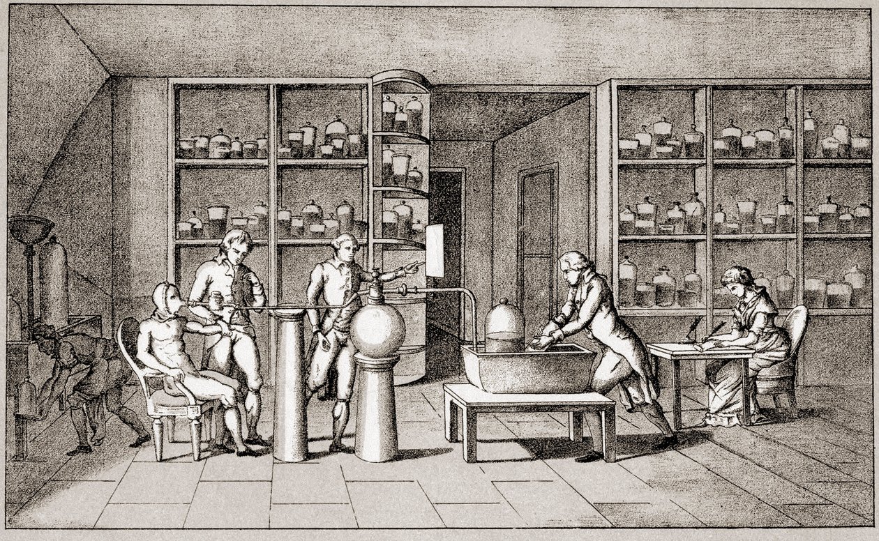 Antoine Laurent de Lavoisier (1743-1794), químico francês que realiza uma experiência sobre a respiração do homem em repouso. Desenho da Sra. Lavoisier.Paris Século XVIII.Colecção Leemage de Marie Anne Pierrette Lavoisier