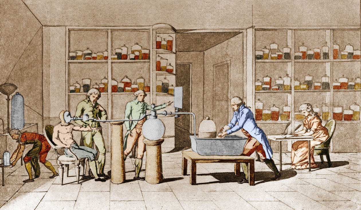 Antoine Laurent de Lavoisier (1743-1794), químico francês, tem uma experiência sobre a respiração do homem em repouso. Do desenho de Mme Lavoisier.Paris século XVIII. Coleção Leemage de Marie Anne Pierrette Lavoisier