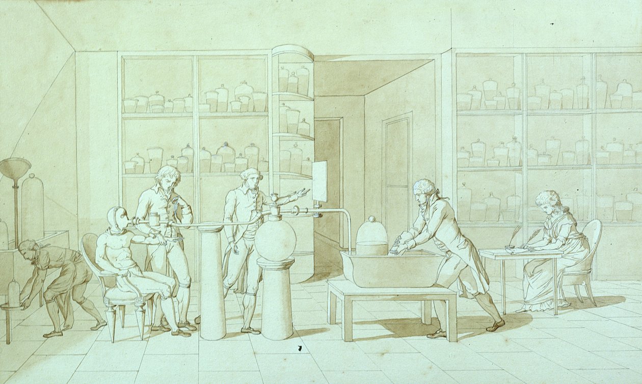 Antoine Lavoisier (1743-94) e seus experimentos em respiração (caneta e tinta e papel sépia) de Marie Anne Pierrette Lavoisier