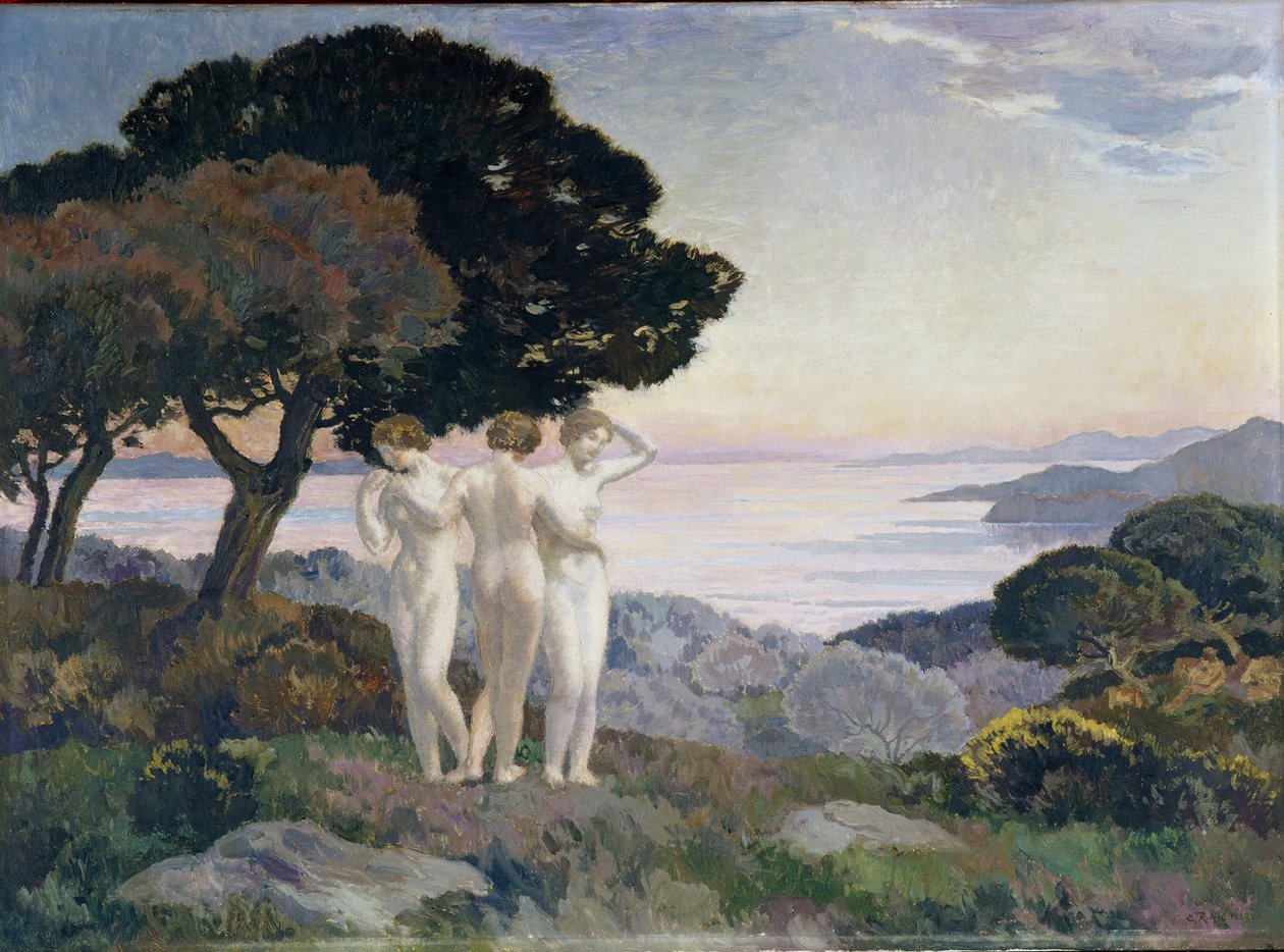 Les trois Graces Painting by Emile rene Menard (1861-1930) Século XX Menção obrigatória: Fondação de colecções de Provença, Marselha de Marie Auguste Emile Rene Menard