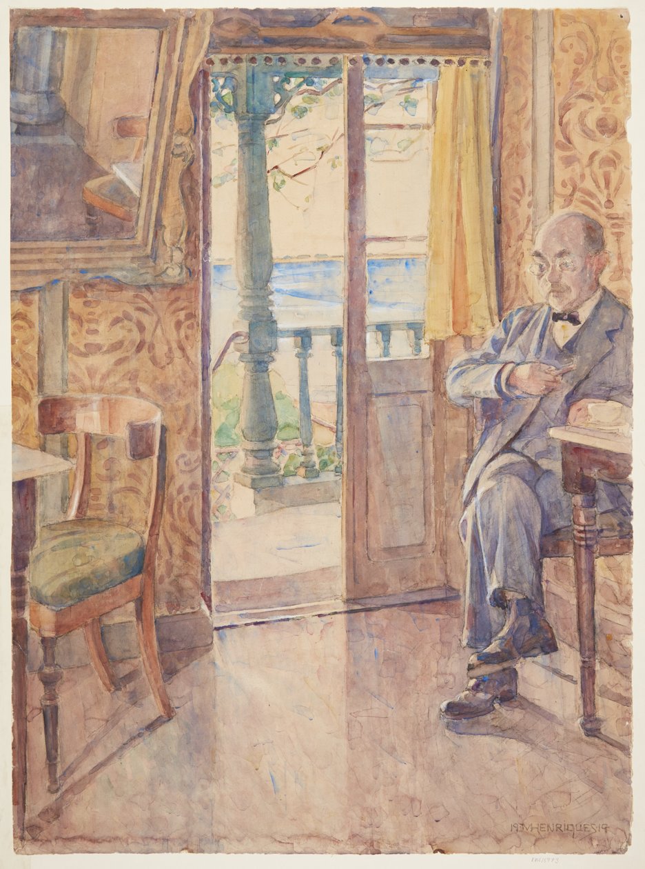 O pintor Tom Petersen, sentado em uma varanda de Marie Henriques