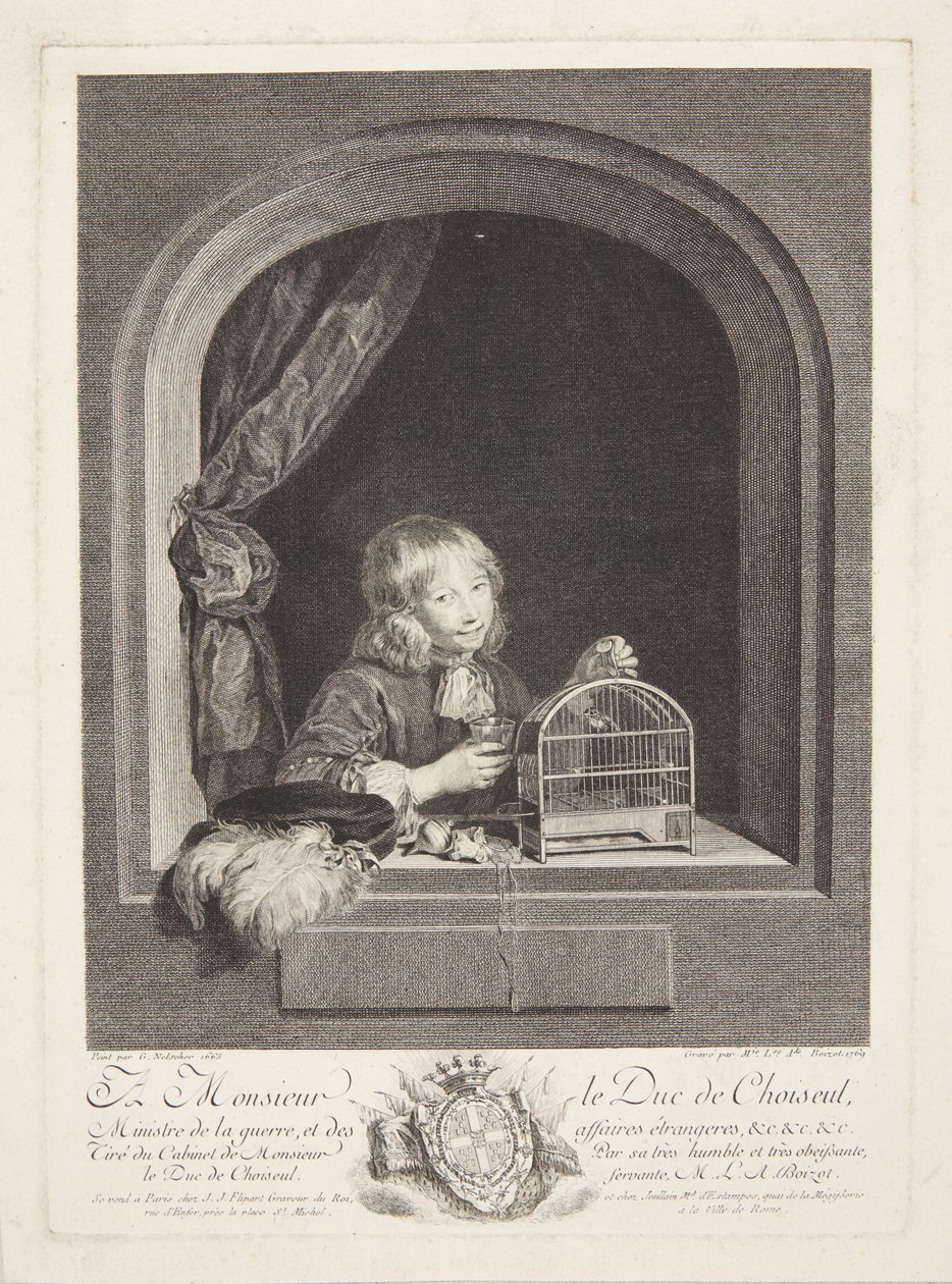 Um menino com uma gaiola em uma janela de Marie Louise Adélaïde Boizot